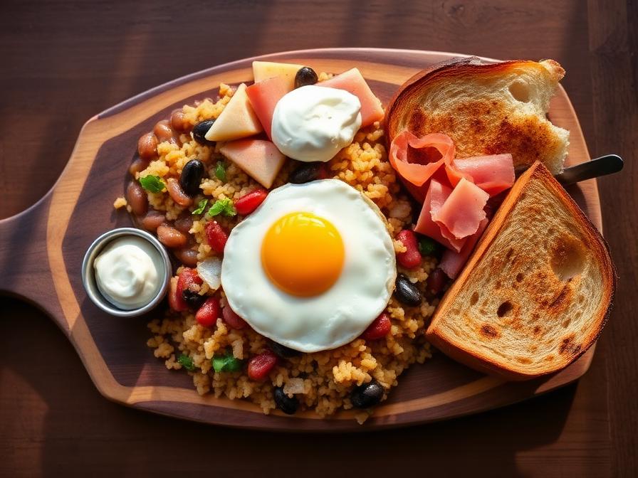 Plato Pinto Las Delicias con gallo pinto, huevo, queso y jamón