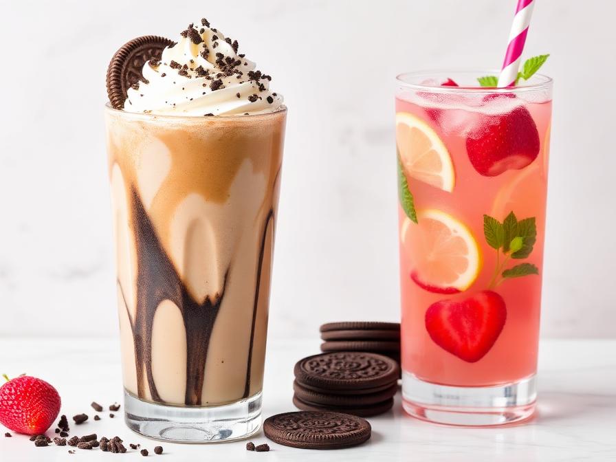 Café Oreo frío con crema chantilly y limonada de fresa con hierbabuena