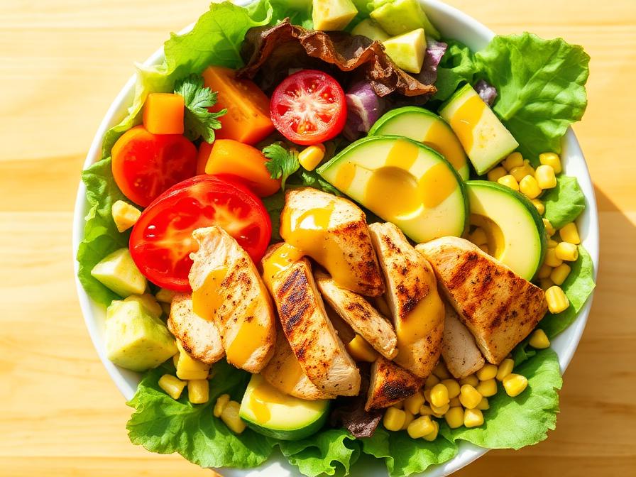 Ensalada Las Delicias con pollo a la plancha, lechuga, tomate, aguacate y aderezo mostaza miel