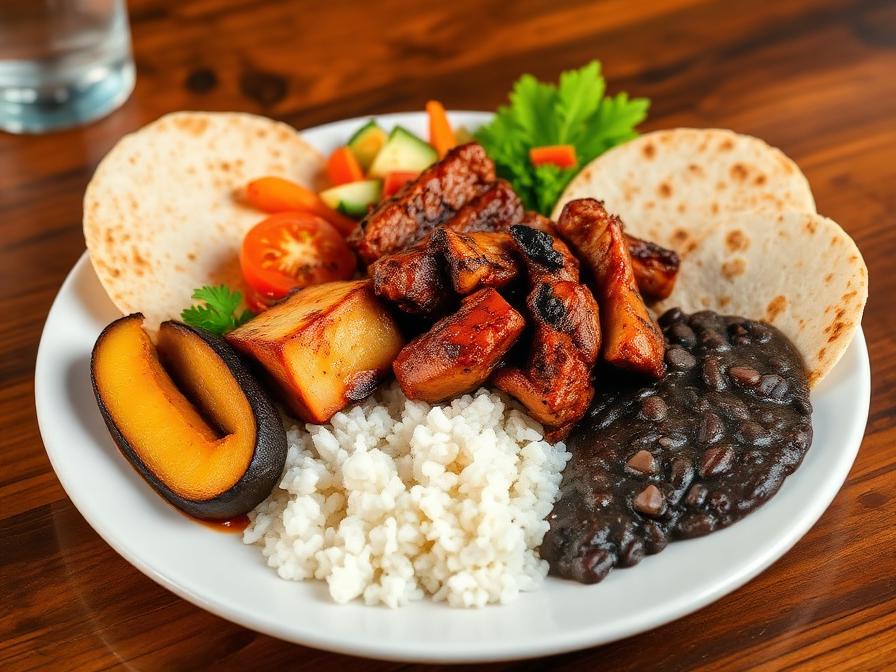 Fajitas mixtas con arroz, frijoles, plátano maduro y tortillas