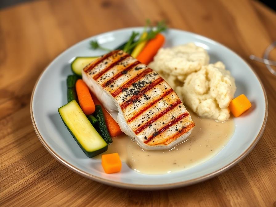 Plato light con filete de pescado a la plancha, vegetales y puré de papa