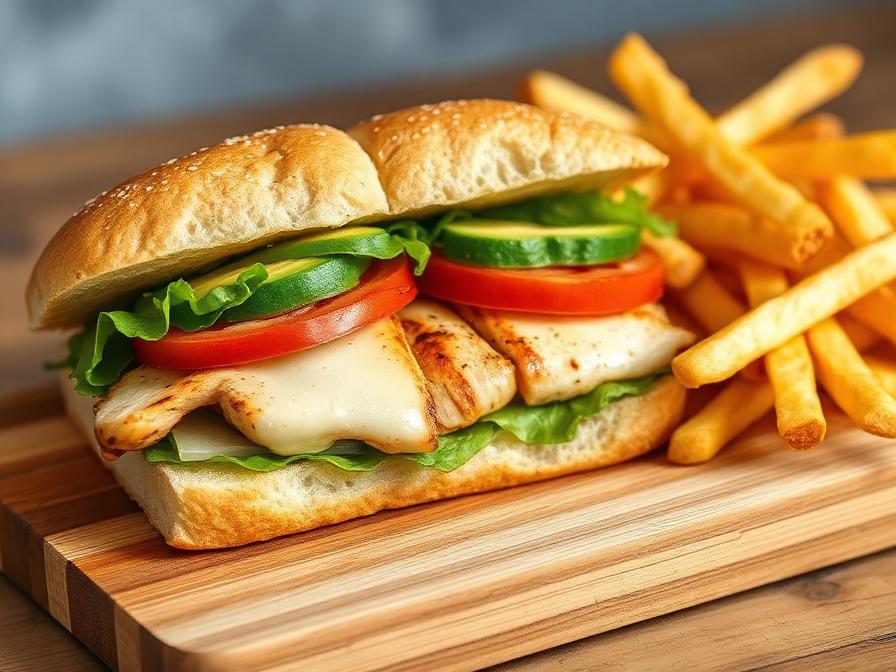 Sándwich de pechuga crispy con lechuga, tomate y aguacate, servido con papas fritas
